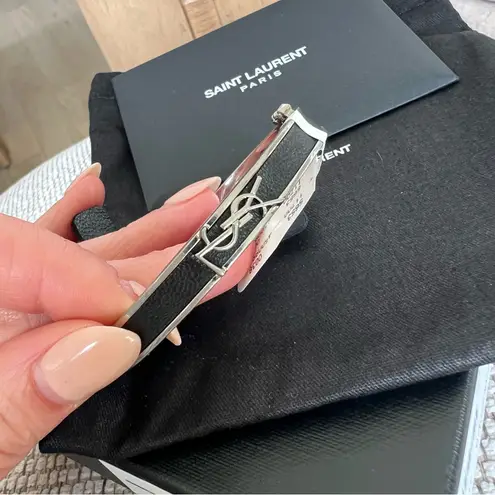 Saint Laurent NWT YSL Cassandre Logo-Plaque Enamel Bracelet Leather Silver Metal