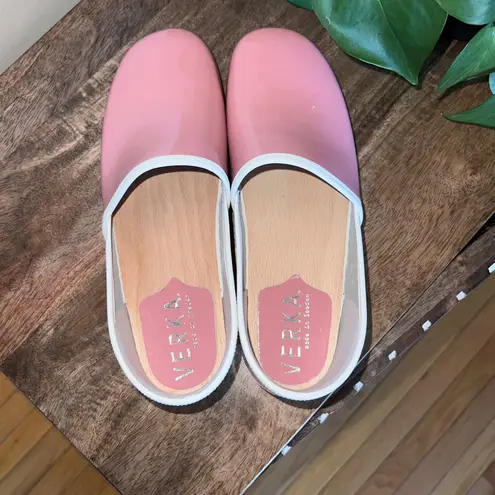 New Verka Sweden Clogs Pink Patent Leather Heeled Clogs Wooden Sole Size 41