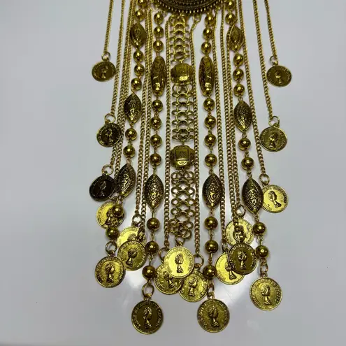 Large Gold Tone Statement Necklace Bohemian Coins Details Festival