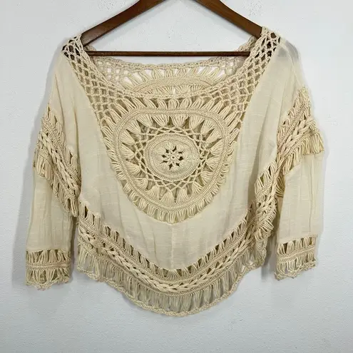 Bohemian Crochet Lace Top Cream Bell Sleeve Fringe Boho Festival Tan Size M