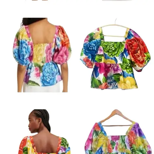Farm Rio Rainbow Chita Empire-Waist vibrant Floral puff sleeve Blouse resortwear