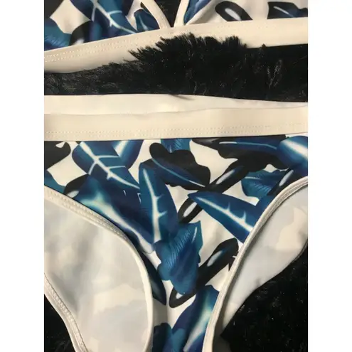 None Abstract Blue White Bikini Set Tropical Print M