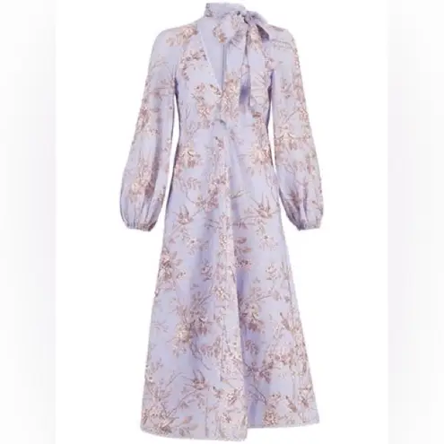 Zimmermann Natura Linen Tie Neck Midi Dress in Blue Mockingbird AU1