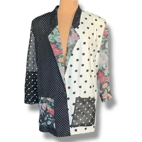 Vintage 90s Patchwork Polka Dot Floral Blazer Sheer Sleeve Lace Collar Oversized Black Size L