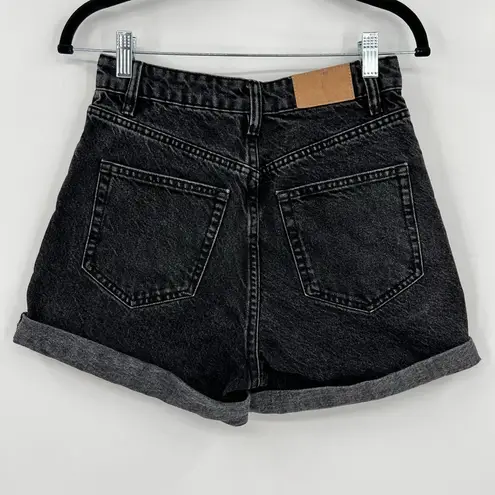 ZARA  High Rise Cuffed Jean Shorts High Waisted Black Acid Stone Wash Zip Size 2