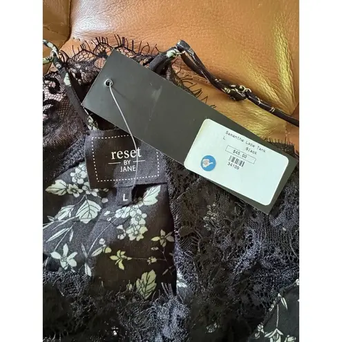 NWT Reset by Jane Satin Samantha Black Lace Floral Print Cami Tank Top Large