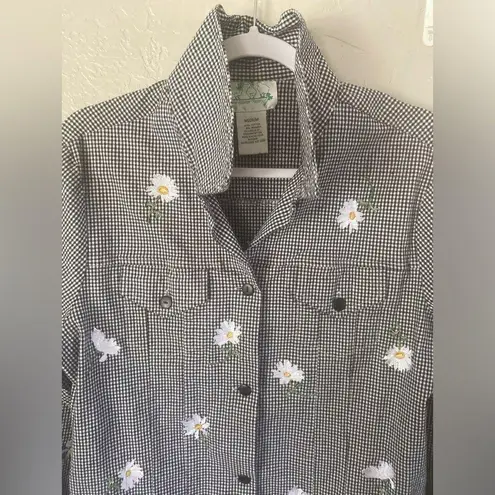 Quacker Factory Medium Gingham Jacket Black White Embroidered Daisy Button Up