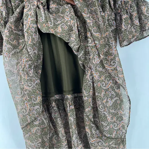 Love Riche Love Riche Chiffon Olive Paisley Ruffle Long Sleeve Peasant Tiered Maxi Dress M