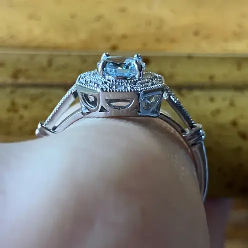 Natural Aquamarine White Diamond Sterling Silver Art Deco Ring Size 9.75