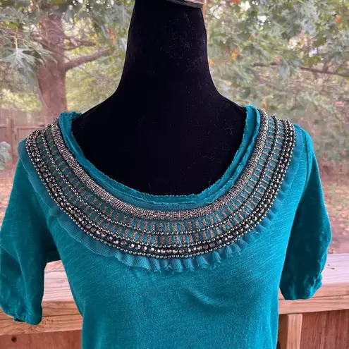 Deletta Anthropologie Women's Teal Beaded Neck Short Sleeve Top Size S
