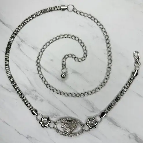 Rhinestone Heart Flower Chain Belt Y2K Silver Tone Metal Links OS ✨