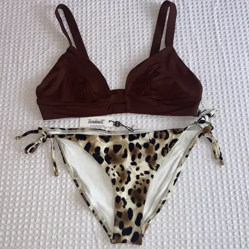 Vitamin A ELLE Side Tie String Bikini Bottoms Size 14DD Leopard Cream Black Tan