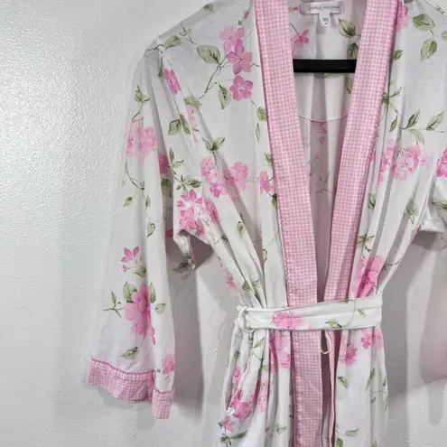 Pink Floral Bath Robe Womens XL Cotton Blend Kimono Style Lightweight Belted White