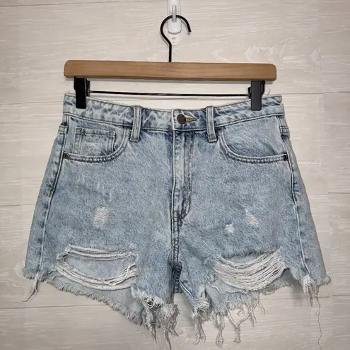 Harper Heritage High Rise Distressed Denim Shorts Size 25 Light Wash Raw Hem