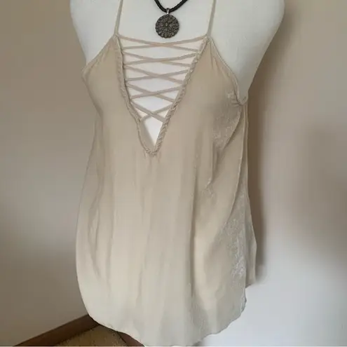 Johnny Was  Velvet Corset String Front Tank Top in Beige Cream Tan Size XS