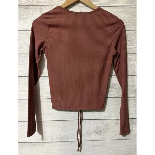 Hot Kiss Womens Ribbed Long Sleeve Size Small Tie V Neck Top Pullover