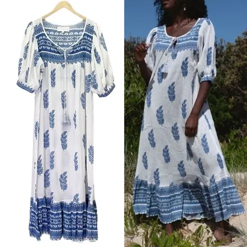 Daughters of India Mishka Boho Maxi Dress Azure Blue & White Cotton Size Medium