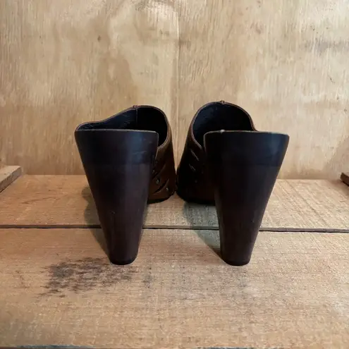 Biviel Brown Leather Western Mule Clog Peep Toe Wooden Heels Sz Size 9