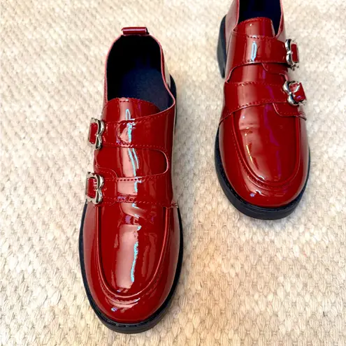 Shiny Red Double Buckle Loafers. Size 9