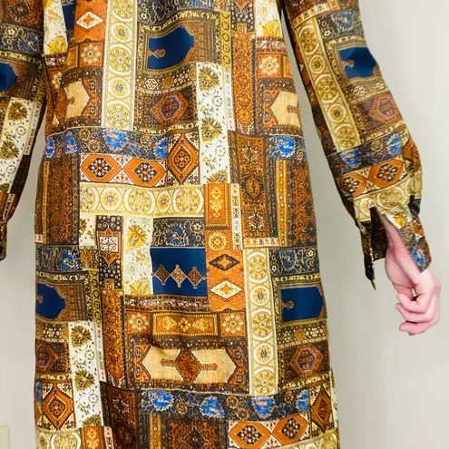 Vintage Brown & Gold Stained Glass Patchwork Shirt Midi Dress Size M
