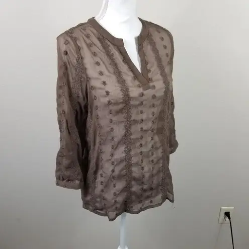 Olive & Oak Sheer Brown 3/4 Sleeve Embroidered Blouse Womens S