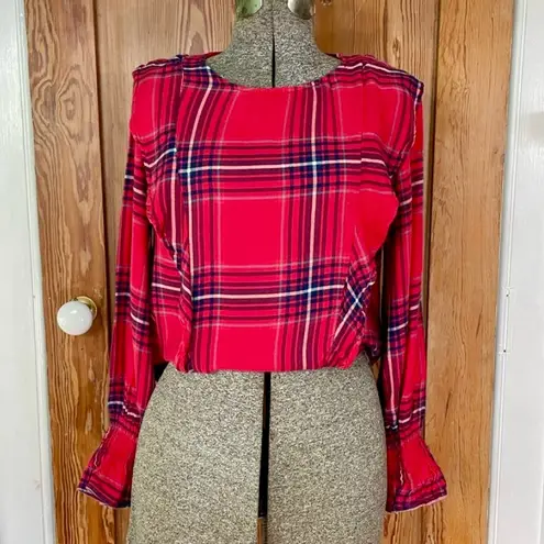 Kensie   Long Bell Sleeve Red Shoulder Ruffle Plaid Blouse Women’s Size Medium