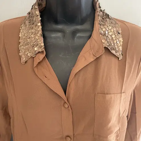 Mine Brown Button Down Shirt with Sequin Collar glittery Tan