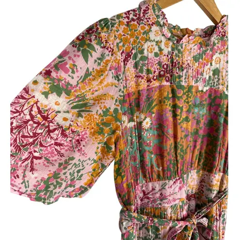Banjanan Hilary Dress in Loki’s Garden Puffed Sleeve Midi Dress Size Medium Pink