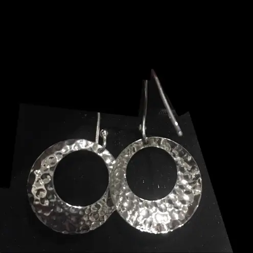 Drop Open Disc Sterling Silver Hammered Finish Circle Earrings