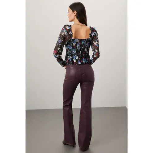 Peter Som Ruched Smocked Tie Sweetheart Long Sleeve Black Floral Peplum Top Sz 2