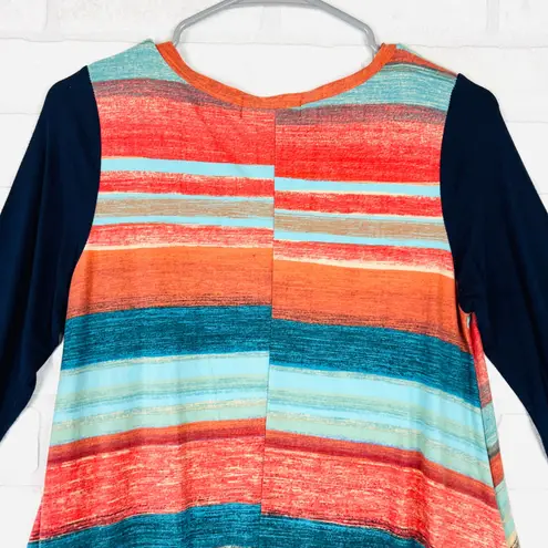Filly Flair Women's Medium M Shift Dress Orange Teal Blue Striped 3/4 Sleeve