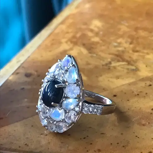 Natural Star Sapphire Rainbow Moonstone Sterling Silver Ring Size 7 Blue