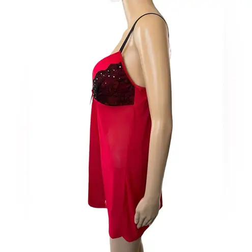 Passion Forever Red Black Mesh Floral Lace Rhinestone Padded Lingerie Slip Dress Size L