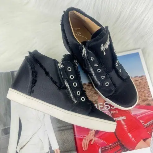 Giuseppe Zanotti Women’s Black Satin Frayed Edge Wedge Sneakers Shoes EU38 US7