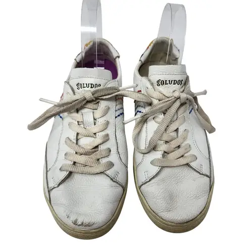 Soludos Retro Stripe Sneakers Low Top Shoes Embroidered Leather White Size US 8