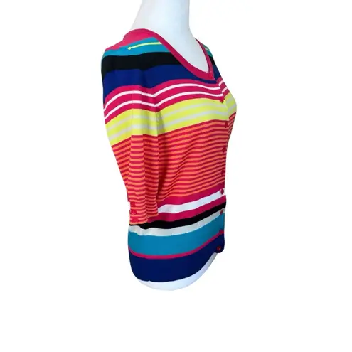 Jillian Nicole Stripe Colorful 3/4 Sleeve Cardigan Sweater LG Rainbow Runs Small