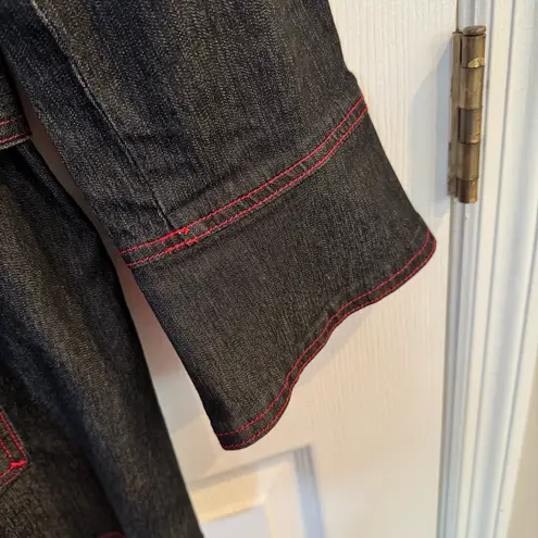 Bisou Bisou Denim Trench Jacket Red Stitch Women’s M Belted Dark Wash