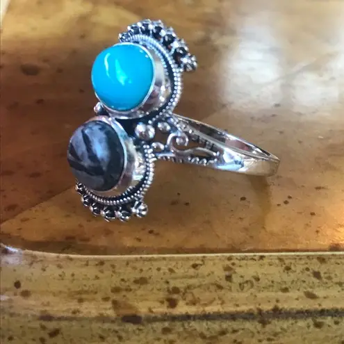 Sleeping Beauty Turquoise White Buffalo Sterling Silver Ring Size 8