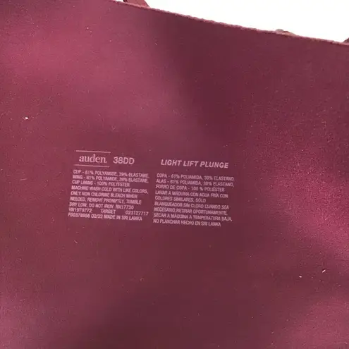 Auden Women’s Burgundy light lift Plunge Bra size 38DD NWOT