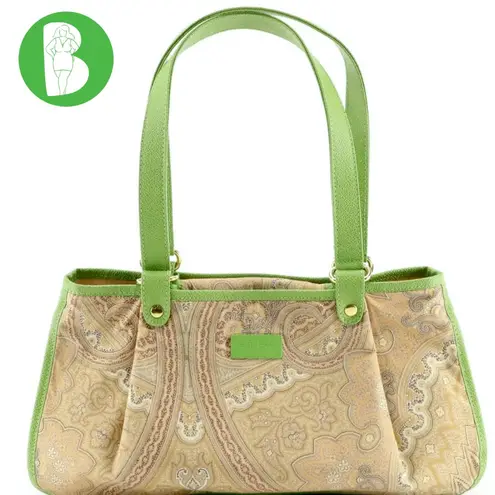 ETRO GREEN FAUX LEATHER TRIM W/TAN & GRAY COTTON PAISLEY PRINT BODY SATCHEL BAG