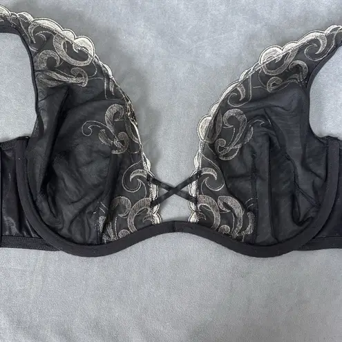 Cacique Plunge Bra Size 40C Black Sheer Mesh U Underwire Animal Print Sexy