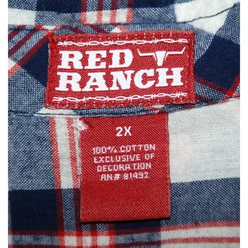 Red Ranch Women's Plaid Studded Button Up Shirt Size 2X Long Roll Tab Sleeves Blue