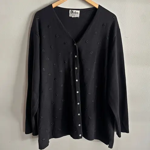Vintage Kobe Black Floral Embroidered Cardigan Button Front 2X–3X