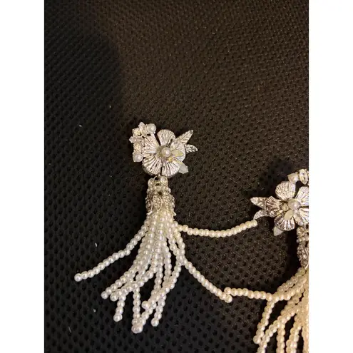 Silver Flower Pearl Tassel Chain Earrings Dangle Drop