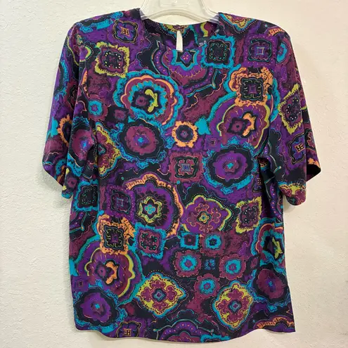 August Silk Silk Blouse Vibrant Paisley Floral Print Short Sleeve Top Retro Y2K