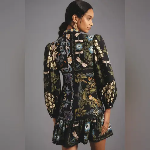 Farm Rio Black Winter Garden Mini Dress Long Sleeves, Size Medium, $248