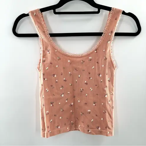 Gypsy & Jade Cropped Peach Ditsy Floral Tank Top Lace Trim Coquette Soft Girl Orange