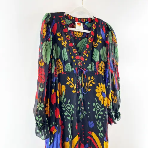 Farm Rio Georgette Tropical Puff Sleeve V-Neck Ruffle Maxi Dress Black Medium