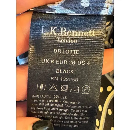 LK Bennett Dress Women 4 Black Blue Silk Domino Tie Neck Lotte Mini Shirt Dress