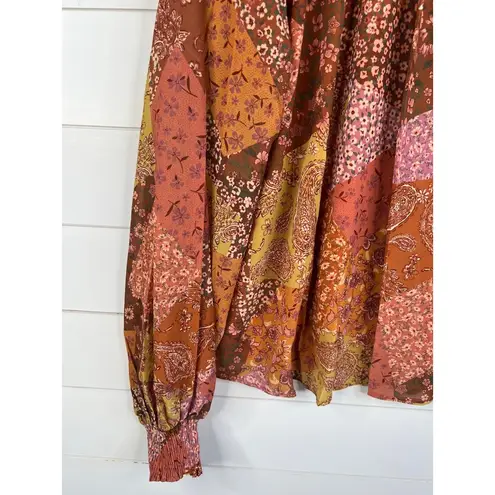 Aura Blouse Womens Size L Patchwork Tie Neck Long Sleeve Bohemian Relaxed Fit